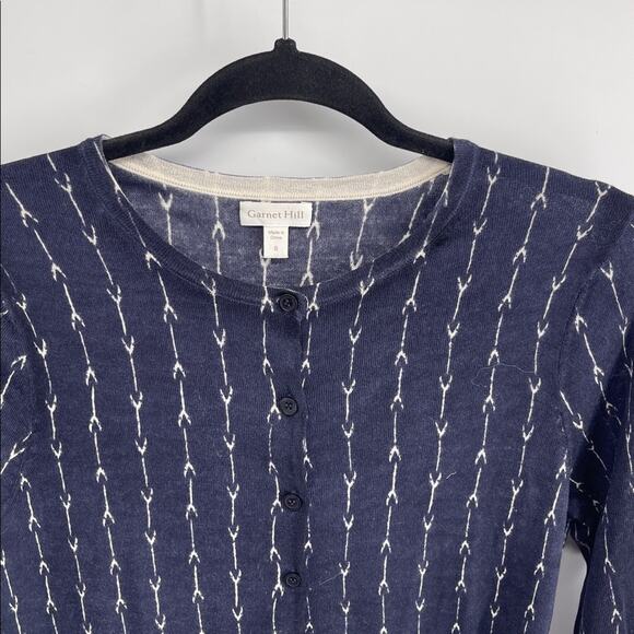 Garnet Hill 100% merino wool arrow indigo print crewneck knit sweater cardigan S - Picture 2 of 6